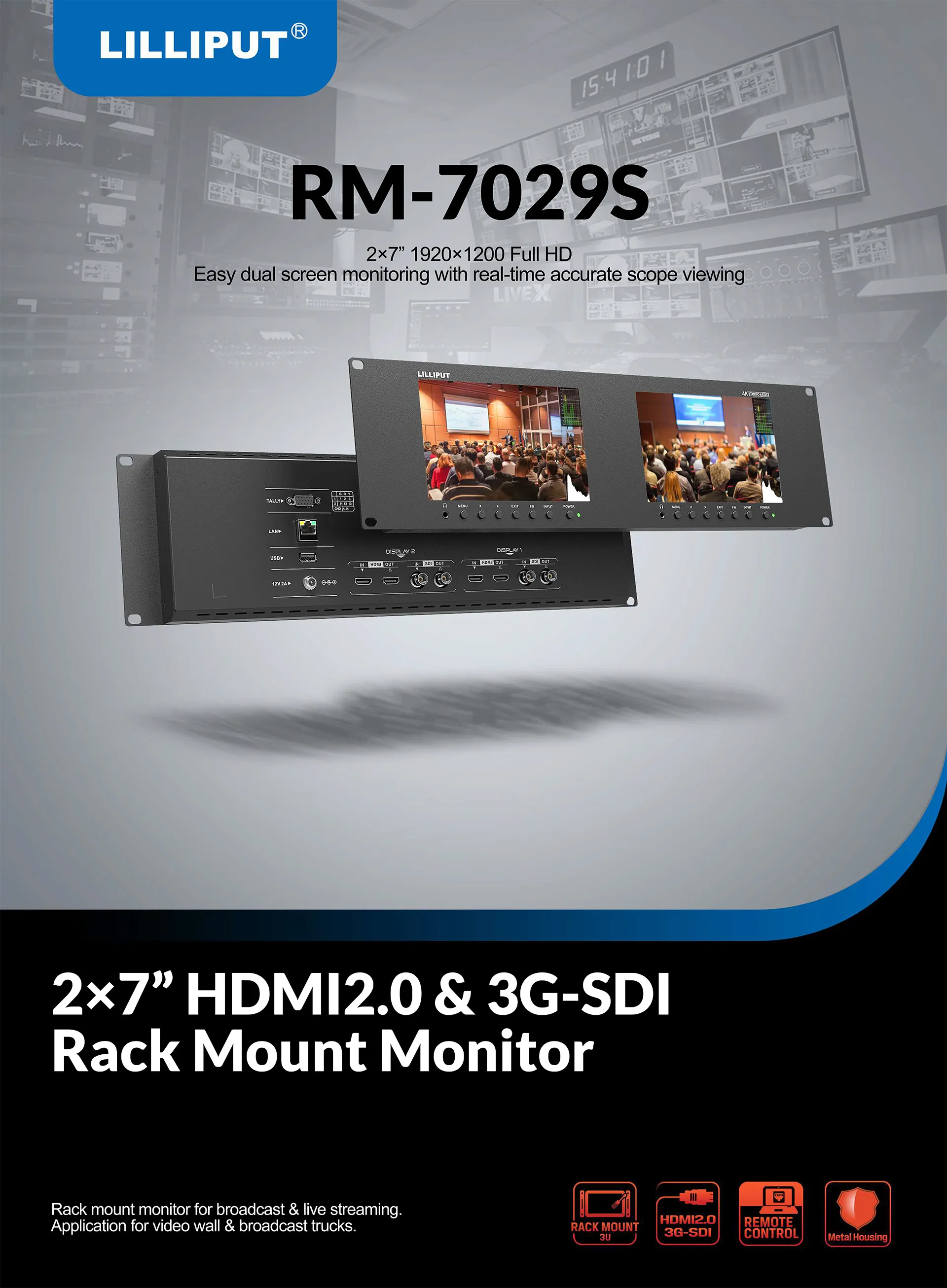 Dual 7 inch 3RU rackmount monitor with 3G-SDI /HDMI 2.0