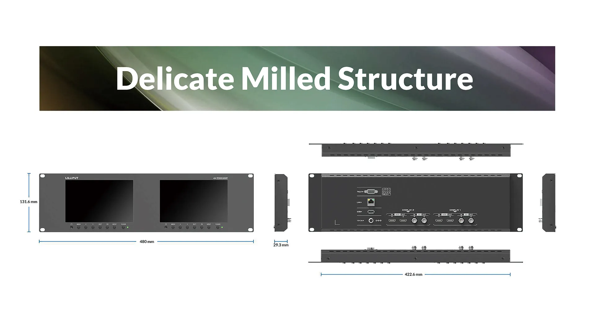 Dual 7 inch 3RU rackmount monitor with 3G-SDI /HDMI 2.0